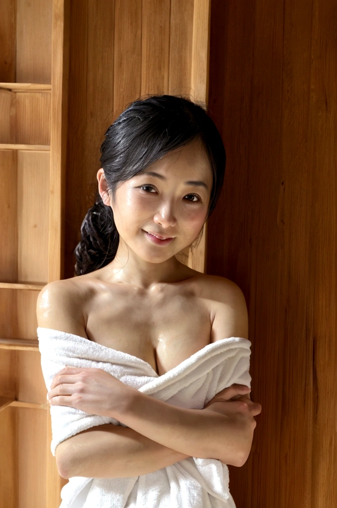 perfect anatomy, masterpiece, best quality, extremely detailed, (photo realistic, hyper realistic:1.2), RAW photo, ultra high-resolution, amazing detailed eyes, POV, (front view, straight-on:1.1), a Japanese girl, very cute face, late s, light smile, upper body, bath towel around body completely, bare shoulders, in the bath of Onsen, (out door:1.2),