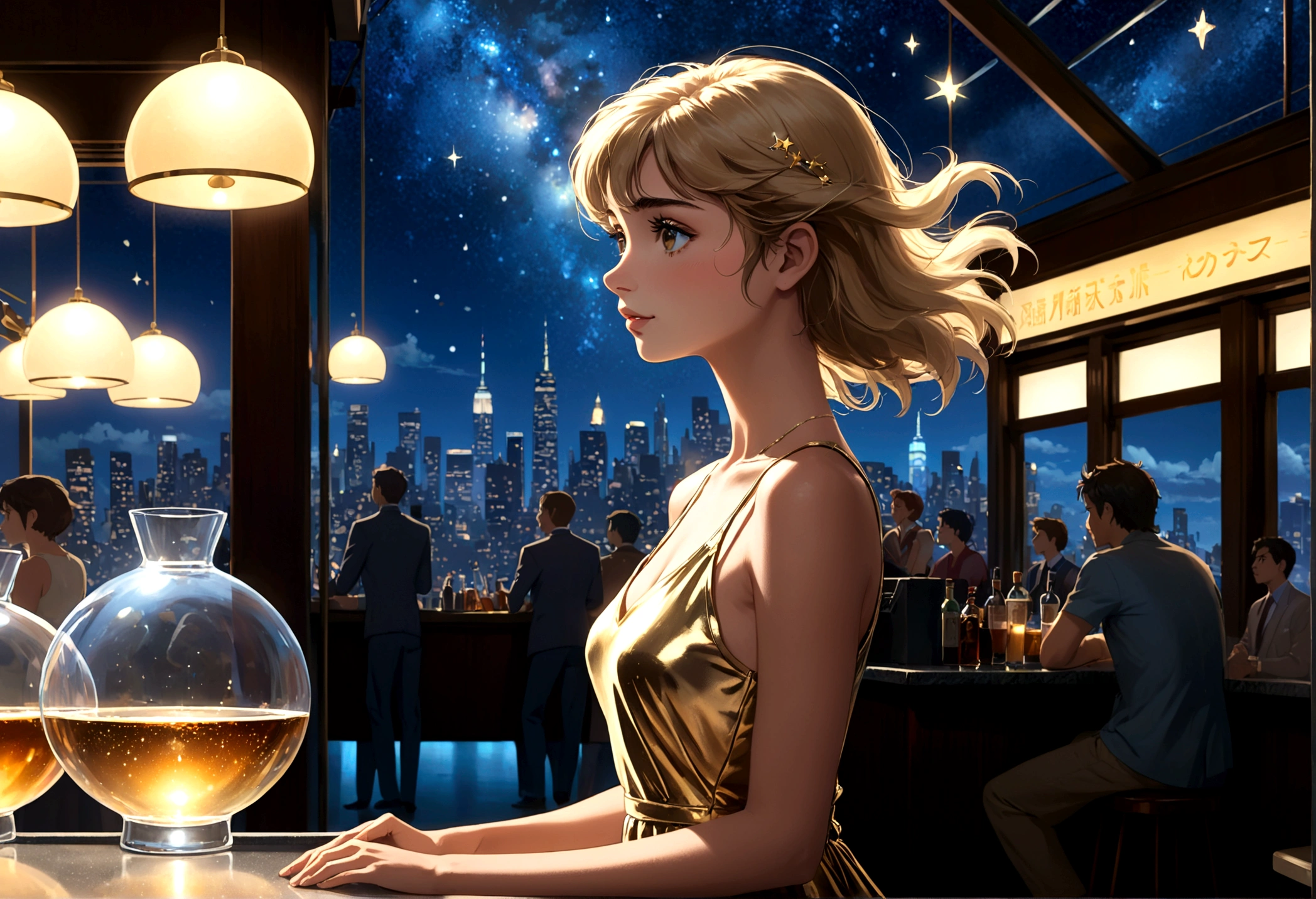 Uses Makoto Shinkai'The depiction is perfect,Portrait of Taylor Hill,8k 4k masterpiece photo ,NY,Glass ceiling jazz bar,I can see the twinkling stars through the glass window.,that'Outside in the dark night,Jazz is playing,Profile close-up,Beautiful profile,Semi-long hair,Blonde,Look in a different direction,Standing alone at the counter,Tight-fitting gold tank top dress,Large bust