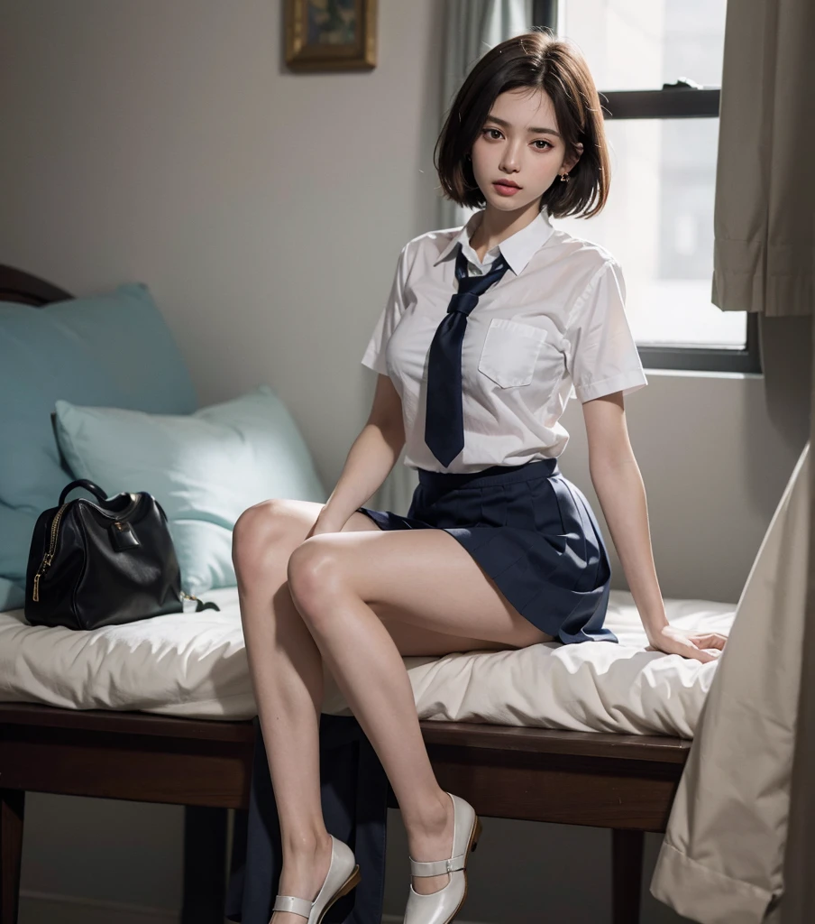 absurdres, RAW photo, extremely delicate and beautiful, masterpiece, Best Quality, ultra high resolution, 16k, hyperrealistic, ultra-detailed, (perfect anatomy), super Detailed skin, perfect figure, Very detailed CG 8k wallpaper, in her 20s, very Slim body, narrow waist, very small head, very small face, delicate facial features, tearful mole, earring, thin legs, (very huge round breasts), (full body shot), short medium hair, 2 girls, (((school uniform))),