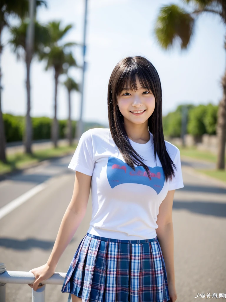 8K,masterpiece,Japanese,14-year-old girl,from the front,smile,cute,Innocent face,Innocent,Kind eyes,Childish,Plain T-shirt,Short sleeve,Blue checked short skirt,semi-long,Hair blowing in the wind,Black Hair,Somewhat strong wind,noon,bright,M-shaped feet, (Large Breasts:1.2),(Emphasize the chest)