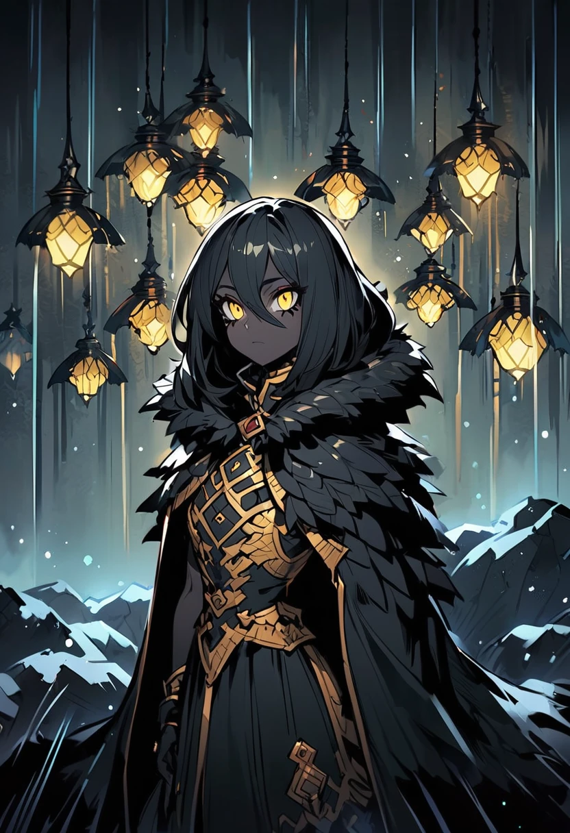 (((darkest dungeon style))), darkest dungeon character, elegant insect girl, (short stature), dark black skin, black skin, smooth skin, ((black dividing lines on skin)), long black hair, long scaly cloak, yellow eyes, many shadows, cold lights, dark art, highly detailed
