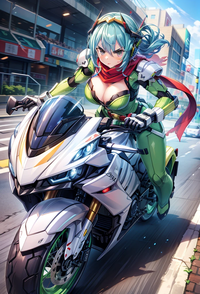 (masterpiece:1.2), best quality, high resolution, extremely detailed CG, absurdres, highres,1girl, solo, (serious:1.3), henshin belt, ((dark_blue_hair)), mecha belt, headgear, (red_scarf), black and green powersuit, white armor, on a cyber motorcycle, thighs, cleavage, blue_hair, red_scarf, mecha_armored, mecha_belt, headgear