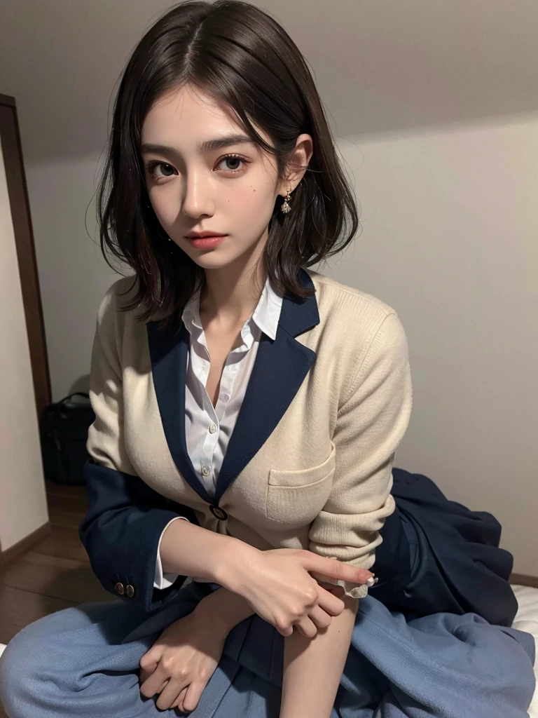 absurdres, RAW photo, extremely delicate and beautiful, masterpiece, Best Quality, ultra high resolution, 16k, hyperrealistic, ultra-detailed, perfect anatomy, super Detailed skin, perfect figure, Very detailed CG 8k wallpaper, in her 20s, very Slim body, narrow waist, very small head, very small face, delicate facial features, tearful mole, earring, thin legs, (very huge round breasts), ((full body shot)), short hair, (wavy hair), (light brown hair), (wet clothes), ((school uniform)), (blazer),