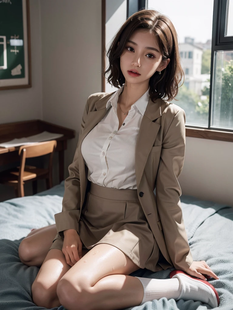 absurdres, RAW photo, extremely delicate and beautiful, masterpiece, Best Quality, ultra high resolution, 16k, hyperrealistic, ultra-detailed, perfect anatomy, super Detailed skin, perfect figure, Very detailed CG 8k wallpaper, in her 20s, very Slim body, narrow waist, very small head, very small face, delicate facial features, tearful mole, earring, thin legs, (very huge round breasts), ((full body shot)), short hair, (wavy hair), (light brown hair), (wet clothes), ((school uniform)), (blazer),