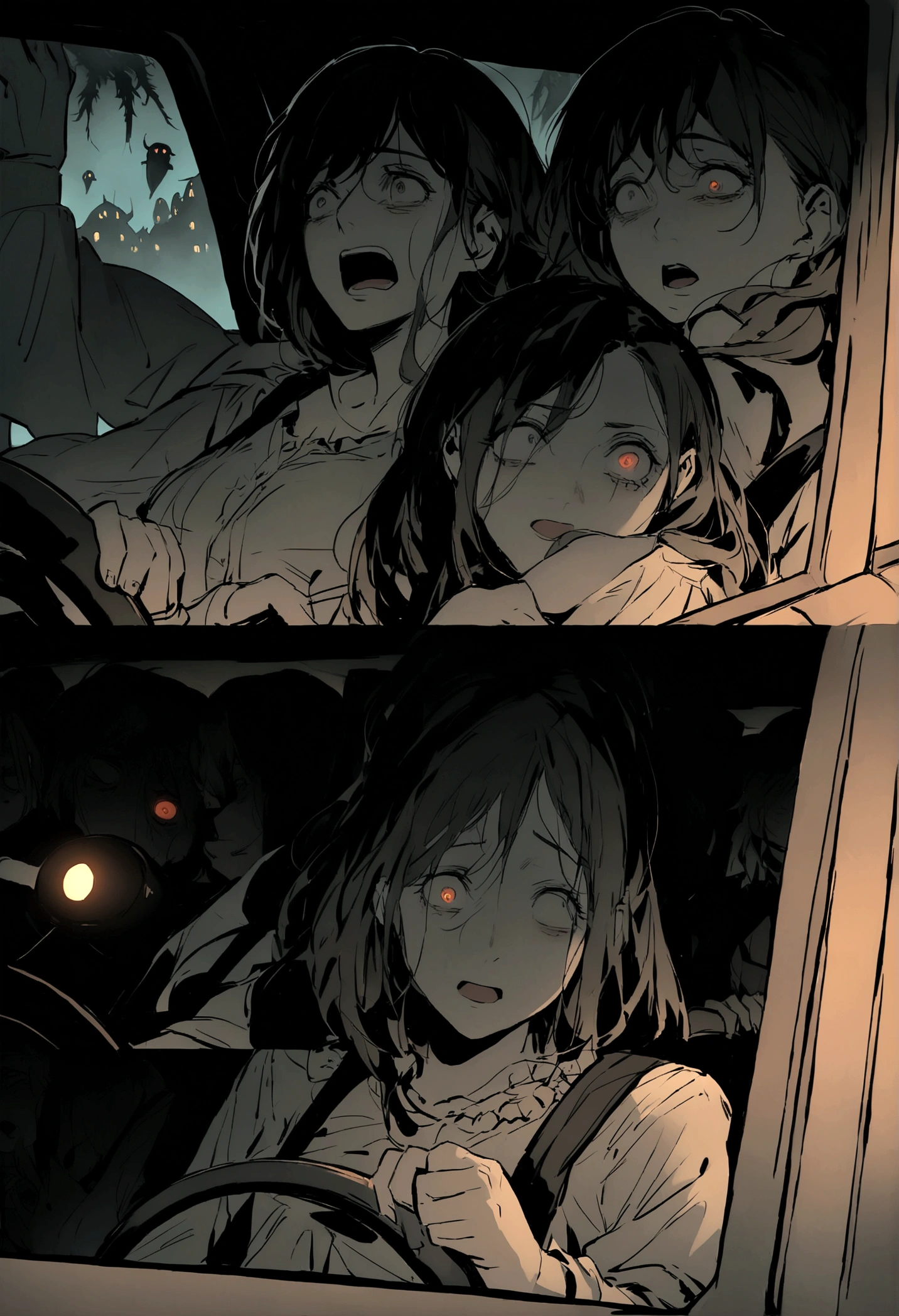 Create an image of a desperate couple inside a car, driving on a dark, deserted road at night. The scene is reminiscent of a horror movie. The couple's faces are illuminated by the car's dashboard lights, showing expressions of fear and desperation. The man is gripping the steering wheel tightly, eyes wide with terror, while the woman clutches his arm, looking over her shoulder at something unseen. The road ahead is barely visible, surrounded by dense, shadowy trees. The car's headlights cast a narrow beam of light, barely piercing the darkness. The overall atmosphere is tense and eerie, capturing the terror and urgency of their escape.