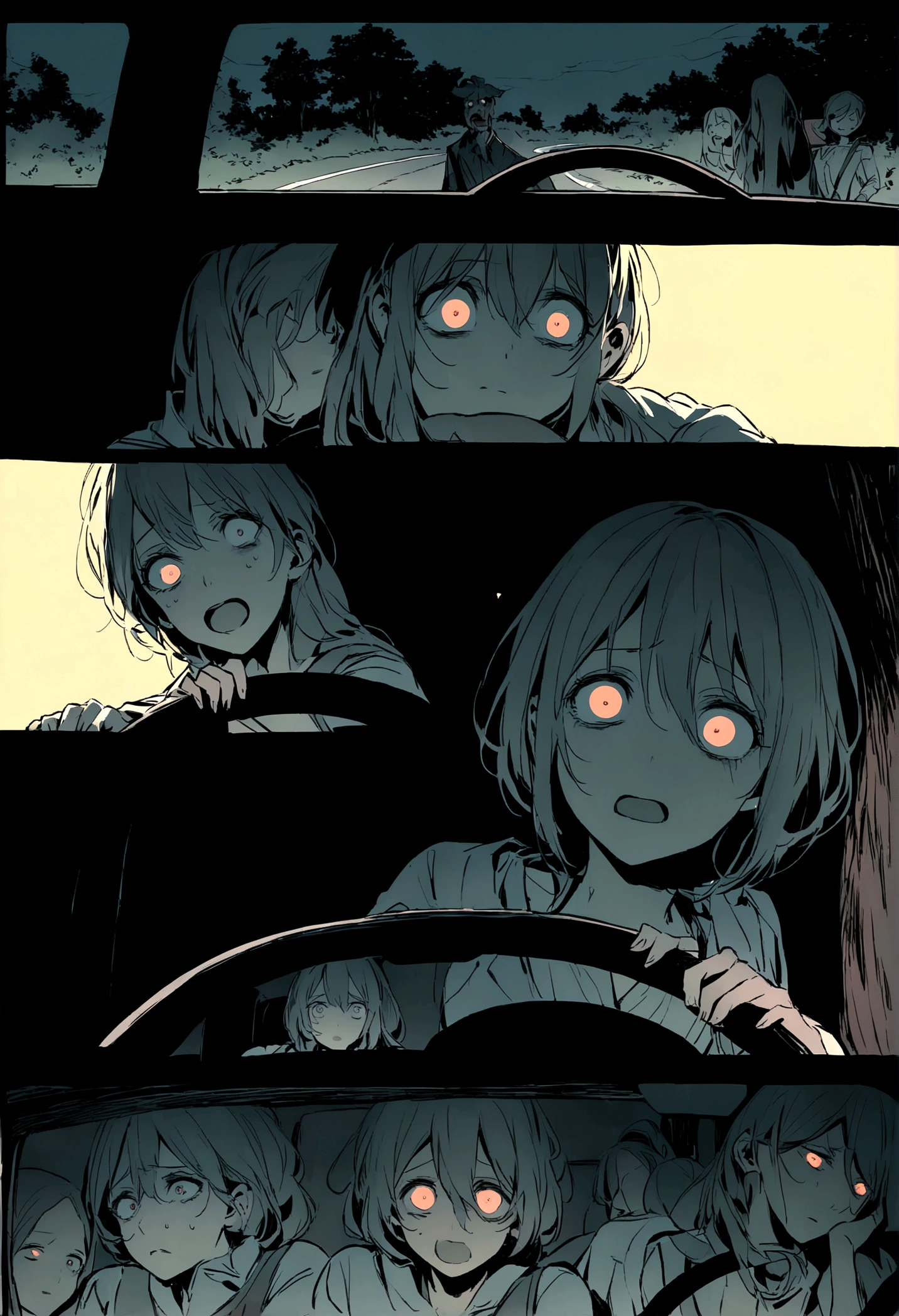 Create an image of a desperate couple inside a car, driving on a dark, deserted road at night. The scene is reminiscent of a horror movie. The couple's faces are illuminated by the car's dashboard lights, showing expressions of fear and desperation. The man is gripping the steering wheel tightly, eyes wide with terror, while the woman clutches his arm, looking over her shoulder at something unseen. The road ahead is barely visible, surrounded by dense, shadowy trees. The car's headlights cast a narrow beam of light, barely piercing the darkness. The overall atmosphere is tense and eerie, capturing the terror and urgency of their escape.
