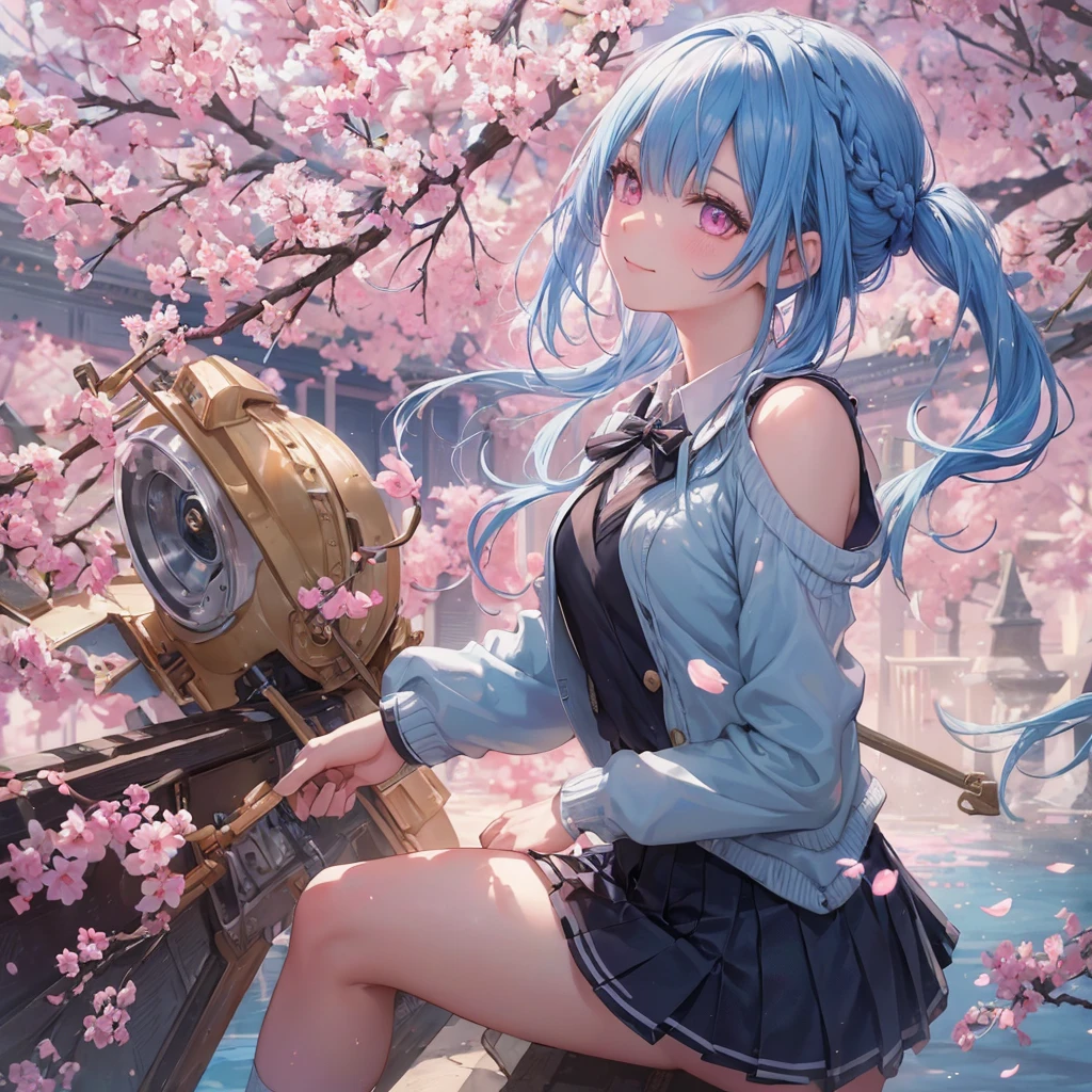 Sky blue hair, (Braided Ponytail),(Pink Eyes),Fair skin ,whole body,(1 Girl),Smile,spring, cherry blossoms, Knee-high socks for school, blazer, Straight bangs,(masterpiece, Highest quality, Super detailed, Best Shadow), (Detailed Background), (Beautifully detailed face), High Contrast, (Best lighting, Very delicate and beautiful), ((Cinematic Light)), colorful, Hyper Detail, Dramatic Light, Intricate details,sunshine,Leaning forward,