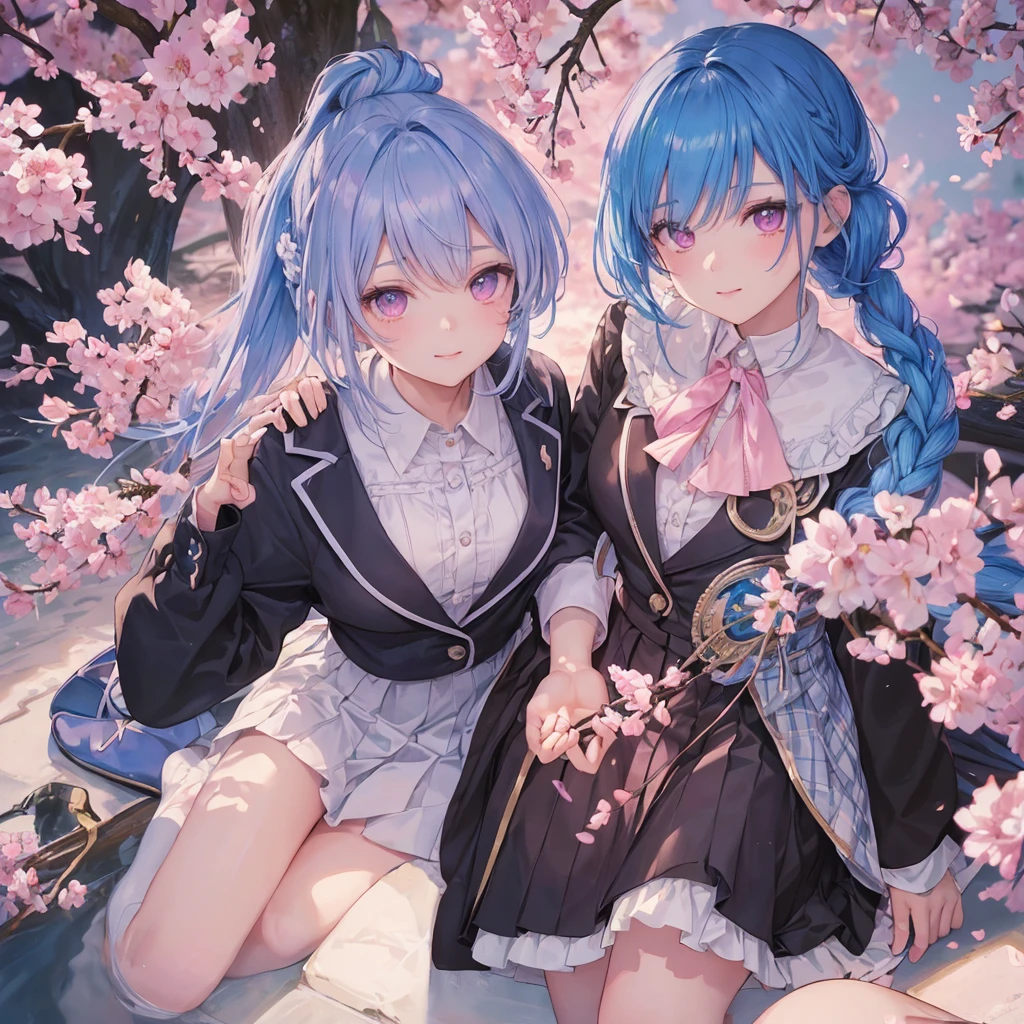 Sky blue hair, (Braided Ponytail),(Pink Eyes),Fair skin ,whole body,(1 Girl),Smile,spring, cherry blossoms, Knee-high socks for school, blazer, Straight bangs,(masterpiece, Highest quality, Super detailed, Best Shadow), (Detailed Background), (Beautifully detailed face), High Contrast, (Best lighting, Very delicate and beautiful), ((Cinematic Light)), colorful, Hyper Detail, Dramatic Light, Intricate details,sunshine,Leaning forward,