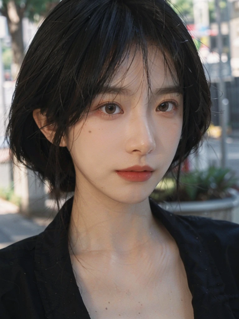 1 girl,model,Upper body,Upper Body,short hair,A faint smile,serene, calm,Moles under the eyes,Exquisite eyes, Delicate face,Lipstick,earrings,Hair details, dress,(Dress conservatively:1.3)(Large Breasts:1.2),outdoor,background,城市background,(Skin details:1.4),(Realistic and detailed eyes:1.2), Natural skin texture, Realistic facial details,Close-up of face,Portrait Photography,(Portrait Photography:1.1), (smooth skin textures:1.3), (Highest quality real skin textures:1.4), Direct vision,Soft dramatic lighting, Vivid details, 35 mm film, (Photo Practical:1.4), (hyper Practical:1.4), (Practical:1.3), (Smoother lighting:1.05), (Improve lighting quality:0.9), (Enhance the beauty of skin texture:1.1), Depth of Field, Bokeh, Surrealism, Ray Tracing, ( Surrealism, High Detail, Chiaroscuro, Ray Tracing, reflected light, Ultra HD, Ultra HD, masterpiece, Textured Skin, Super Detail, High Detail, high quality, best quality