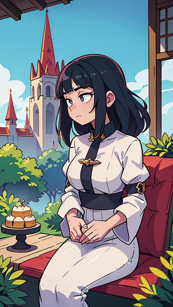 Include the grand spires of the palace piercing the sky in the background, emphasizing the stark contrast between her luxurious, isolated life and the vibrant world outside.