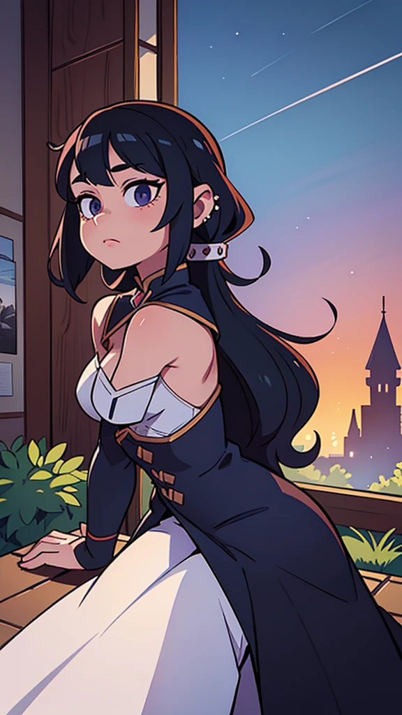 Include the grand spires of the palace piercing the sky in the background, emphasizing the stark contrast between her luxurious, isolated life and the vibrant world outside.