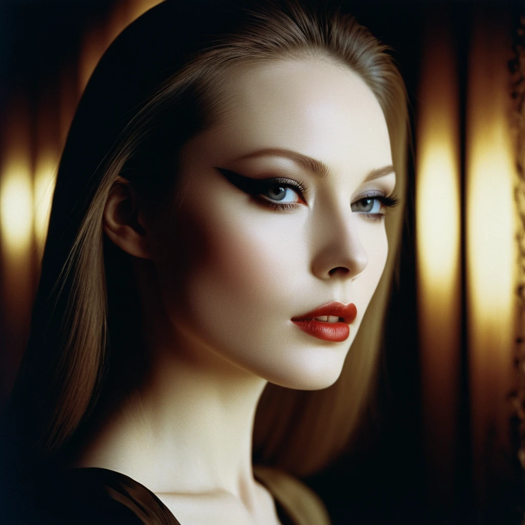 Photograph by Serge Lutens (1.8), pale skin, evil slavic woman, long dark blond hair, in profile, wide angle dim atmosphere, stunning, modern, dark, clean, artsy indoor surrounding, casting a dreamlike atmosphere eyes reflect some light, Shiseido-style Vogue-Style 1990s style and setting Various gentle half body poses and angles Consistent facial and body features Photorealistic and highly detailed Artistic and evocative High-quality finish Ensuring vibrant, detailed features Technical details: wide angle lens Selective focus with Kodak film effect: 1.2 Shallow depths of field