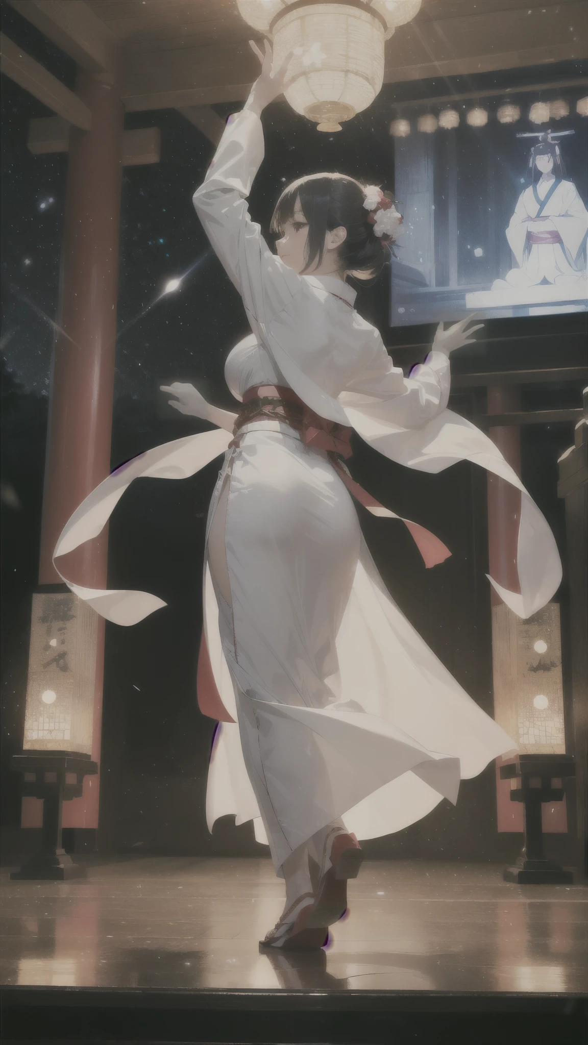 ((Japanese style))((Priestess costume)) ((Kabuki)) 8k high resolution ((Large audience)) Clouds part ((Low angle))((Starry sky))((Meteor)) ((Woman in the center)) ((Symmetry) )) Red hakama White kimono ((full body shot )) (Long shot) ((Stage)) Divine (mystical) ((Back view)) ((Dancing)) Sweat Glittering Top quality 4K Countless lights Gate Light Wearing Light gathers (Adult woman) (Tall) ((Wishing)) (Fantastic) (Laser) (Mystical) ((Dancing)) Glittering Black hair Long hair Shrine goddess music (Rays of light) (Light pouring down) Dancing petals Sparkle Vibrant stage, Japanese-style architecture, shrine maiden costume ((bokeh)) and (short focus lens:1.4)