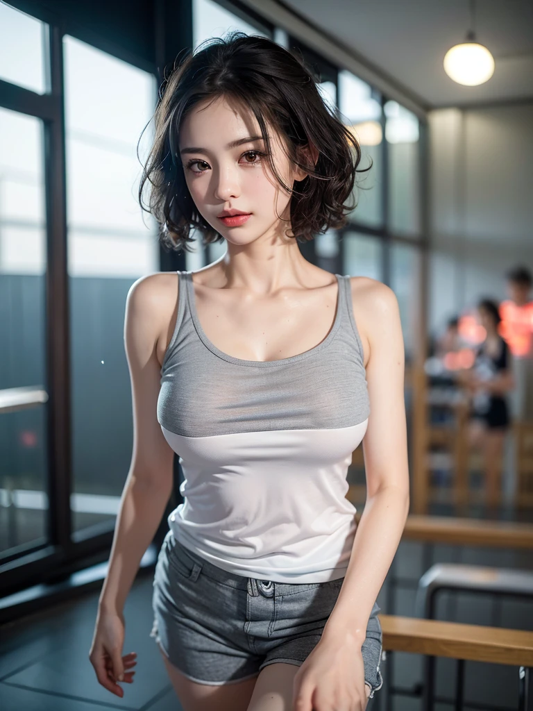 Mix 4, (8k, Live Shooting, Highest quality, masterpiece: 1.2), (Real, Photorealistic: 1.37), 一人のgirl, cute, night, rain, Wetty, Professional Lighting, Photon Mapping, Radio City, Physically Based Rendering, Gradient black hair, Gray Hair, Short Curly Hair, good looking, girl, Highest quality写真, High resolution, 1080P, (Clear Face), (Detailed face description), (Detailed hand description), (masterpiece), (Exquisite CG)、Extreme light and shadow、Disheveled Hair、Masterwork、Rich details、(Fine facial features)、(Highest qualityの写真)、(Masterpiece)、(Detailed eyes)、Look in front of you、Detailed clavicle、((Mid-breasted))、Nipple erection、Sexy、Lady、Clear、Smooth Hair、Clothes are not shiny、Sportswear、Clothing worn during athletics、Sweaty、Athletics Stadium、Shorts