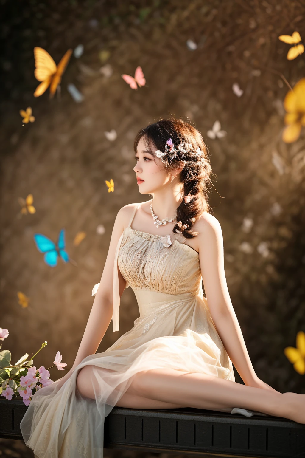 there is a woman sitting on a bench with butterflies flying around her, fantasy photoshoot, photo taken with nikon d 7 5 0, photo taken with nikon d750, a stunning young ethereal figure, 8k artistic portrait photography, beautiful adult fairy, ethereal beauty, moth inspired dress, by Yang J, captured on canon eos r 6