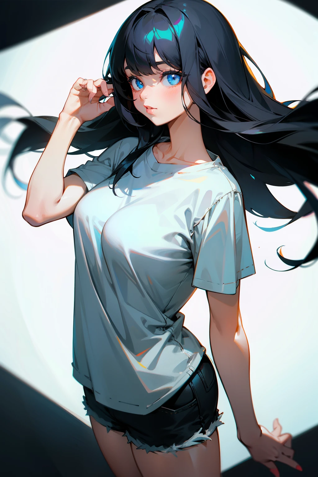 Cute girl, long black hair, bangs cut in the front, blue eyes, a ring in one of her lower lips, cold features, gray short-sleeved T-shirt, big breasts, short pants.