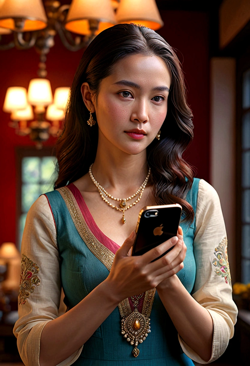 ((Highest quality)), ((masterpiece)), (detailed), woman,hold iPhone,