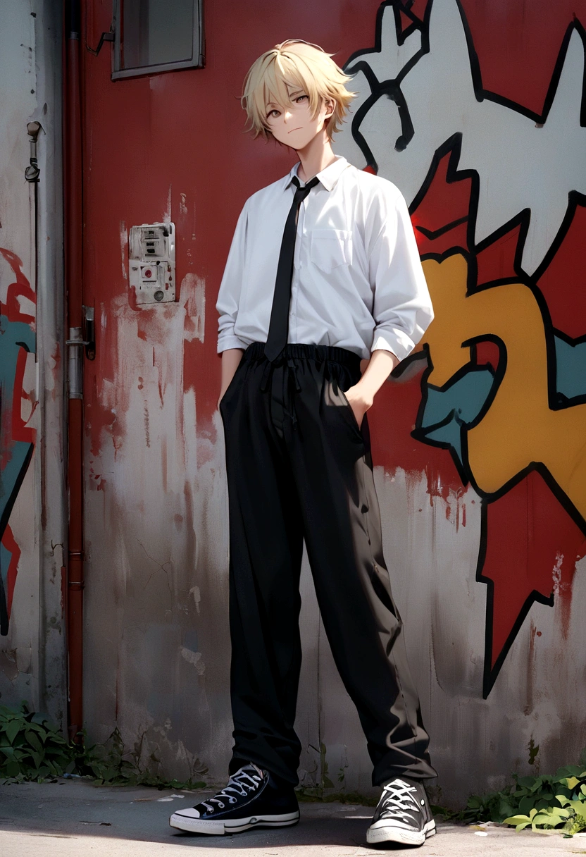 Image of a young man with a sloppy and tired appearance, with shaggy blonde hair and brown eyes that convey a mix of determination and exhaustion. He must be wearing a rumpled white shirt, loosely tied black tie and dark pants, reflecting your casual, carefree style. His sneakers are Converse Chuck Taylor All Stars. He must have a resolute expression, with a slight smile that reveals your indomitable spirit despite adversity. Your hands must be rough and calloused, suggesting hard work. The image should capture the contrast between your simple appearance and your determined interior. The background should be a worn-out urban street, with old buildings and graffiti, reflecting the urban and difficult environment in which he lives. Lighting should be soft and natural, highlighting your figure realistically, but without glamorizing your appearance.