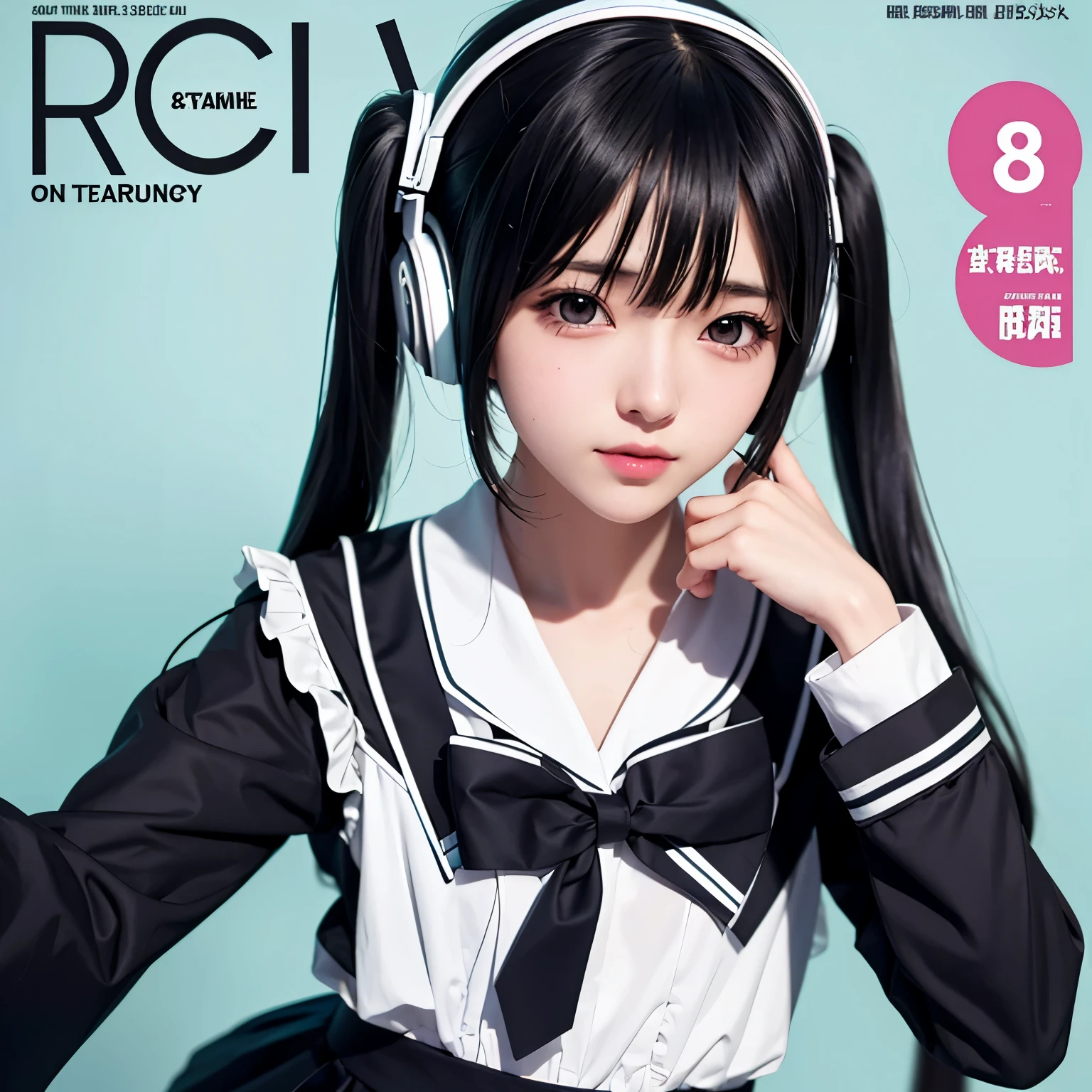 magazine cover、Hatsune Miku Cosplay、Black Hair、The hair is very short、Twin tails、I have headphones on、Singing a song with a microphone、Pleated skirt、Sailor suit、tie、flat chest、Realistic photos、Realistic、8K quality、tall、No bangs、Close up on face、The background is simple、very short hair、35歳