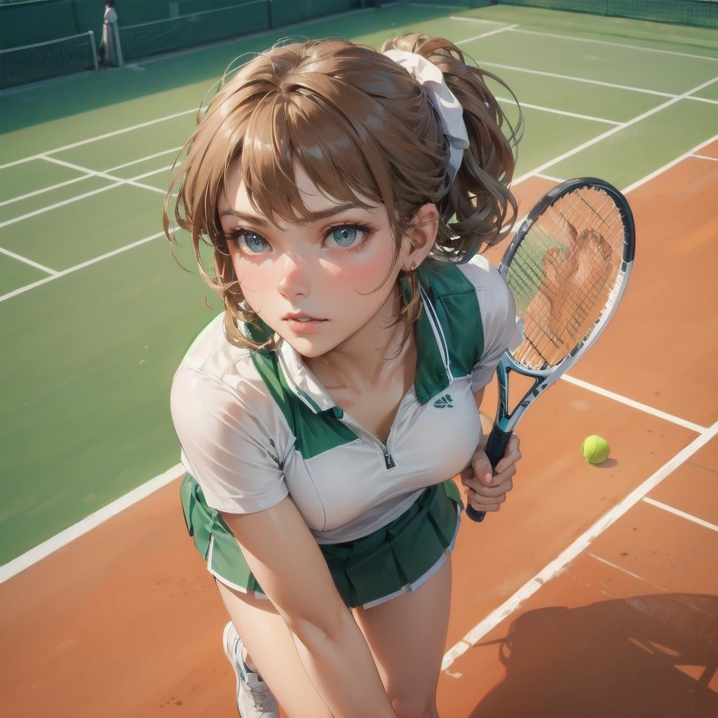 masterpiece, (textured skin), best quality, gorgeous beautiful girl, (a female tennis athlete), detailed clothes,large breasts,narrow waist,, (beautiful face), cinematic lighting, (at tennis venue ),
