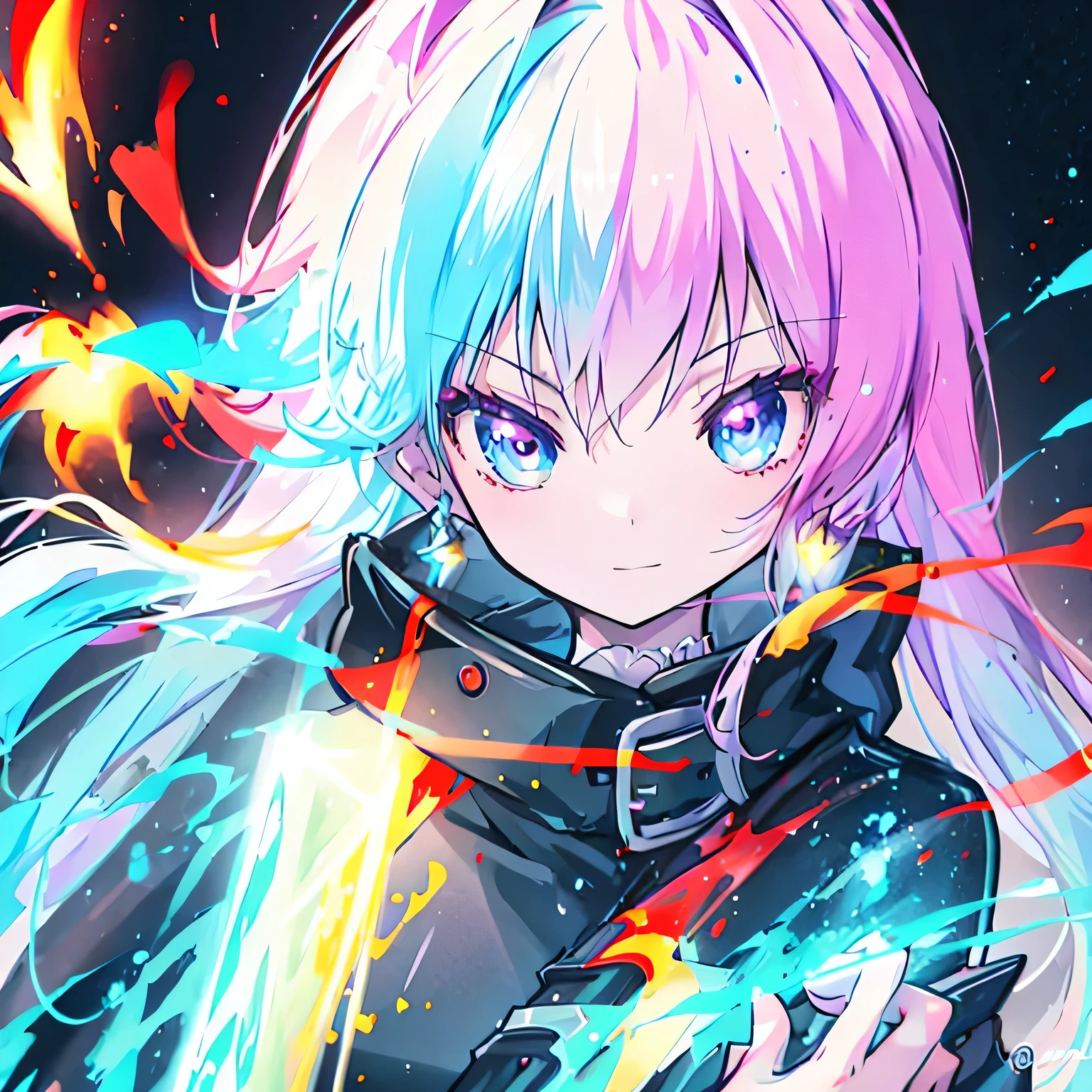 masterpiece, best quality:1.2),anime style:1.8, 1girl, solo, Ultra-detailed, best quality,High saturation, flame, gradient, colorful,magic, vivid colors 