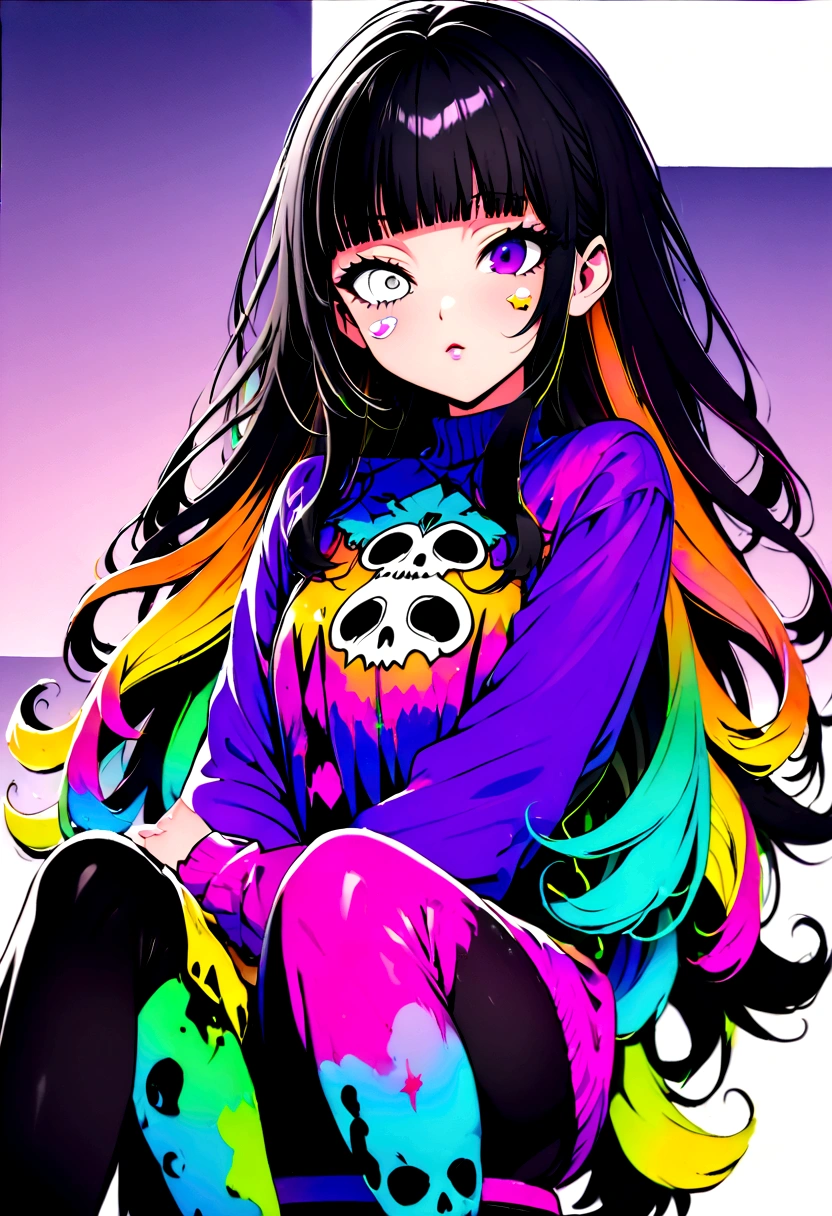 （Black Hair、Gray Hair：1.3），Black Feather、Gothic punk dress、（Cat），Legs sticking out，Sit on a chair, Crossing your legs、anime zombie witch design, Crossbones, skull, Streetwear Design, Provector, Horror Style, Full Design, Only 6 colors, Solid Colors, No Shadow, Full Design, Stickers, Bright colors, White Background.Ultra-fine illustrations,(((Beautiful fine hair))),(((Beautiful Faces))),(((Beautiful background))),(((Beautiful fine hair))),(((Beautiful Faces))),(((Beautiful background)))、Black Hair、Blunt bangs，Undershot（（Right hand white eye，Left eye purple）），Otto Eyes