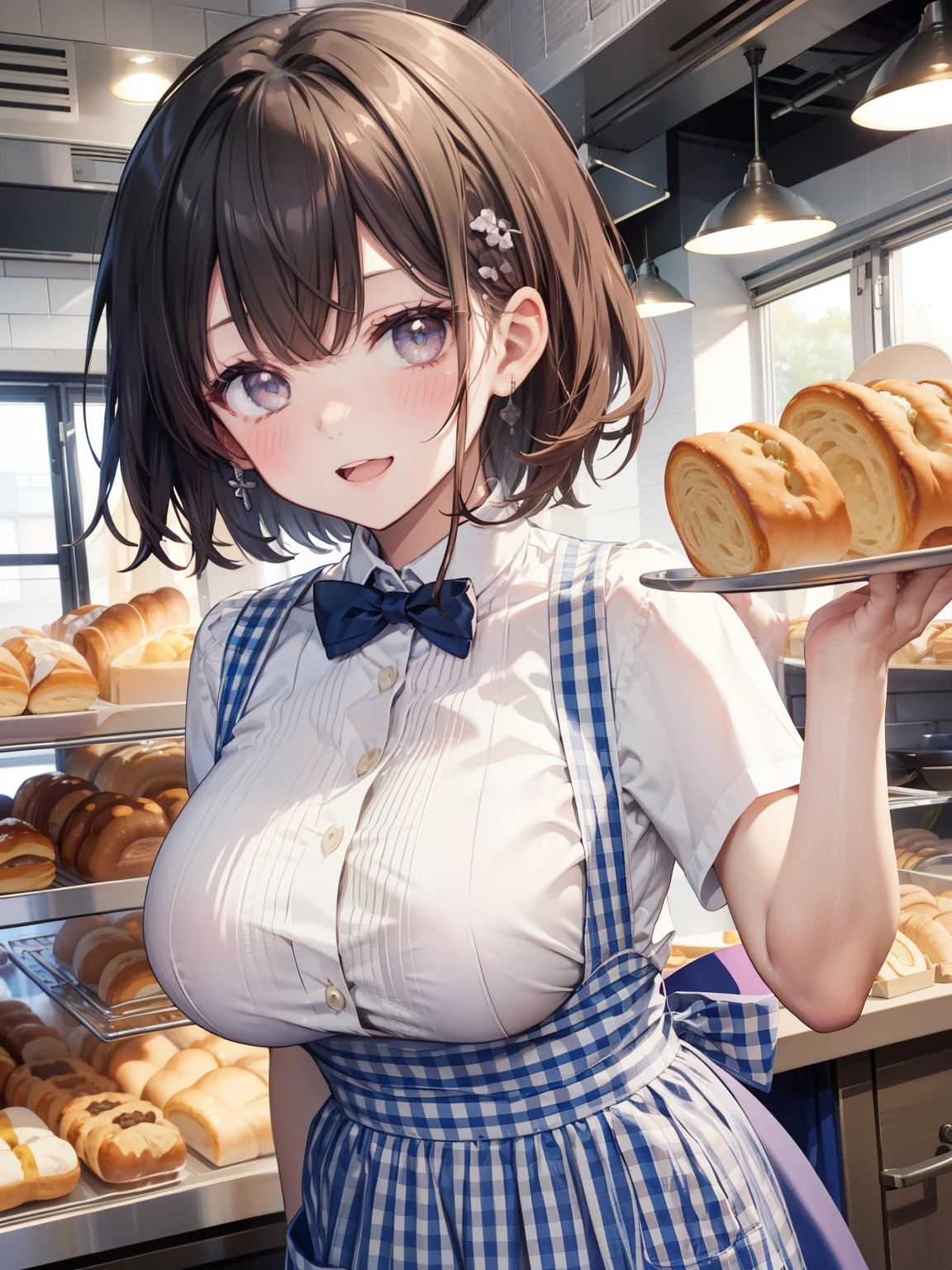((Highest quality, High resolution,  Perfect Pixel,  4K)),  (Beautiful Anime Girls), Depth of written boundary、
looking at viewer, 

(Big Breasts:1.7)、 
short hair, Purple Hair、、Detailed eyes、Round face、he is short、
  
crew、

Blue ribbon, White shirt, Short sleeve, Blue Skirt, Blue Apron, Gingham Apron, High Waist Skirt, waitress, 
indoor,
bakery、Cafe、
blush、smile、Open your mouth、
Upper Body、Leaning forward、
