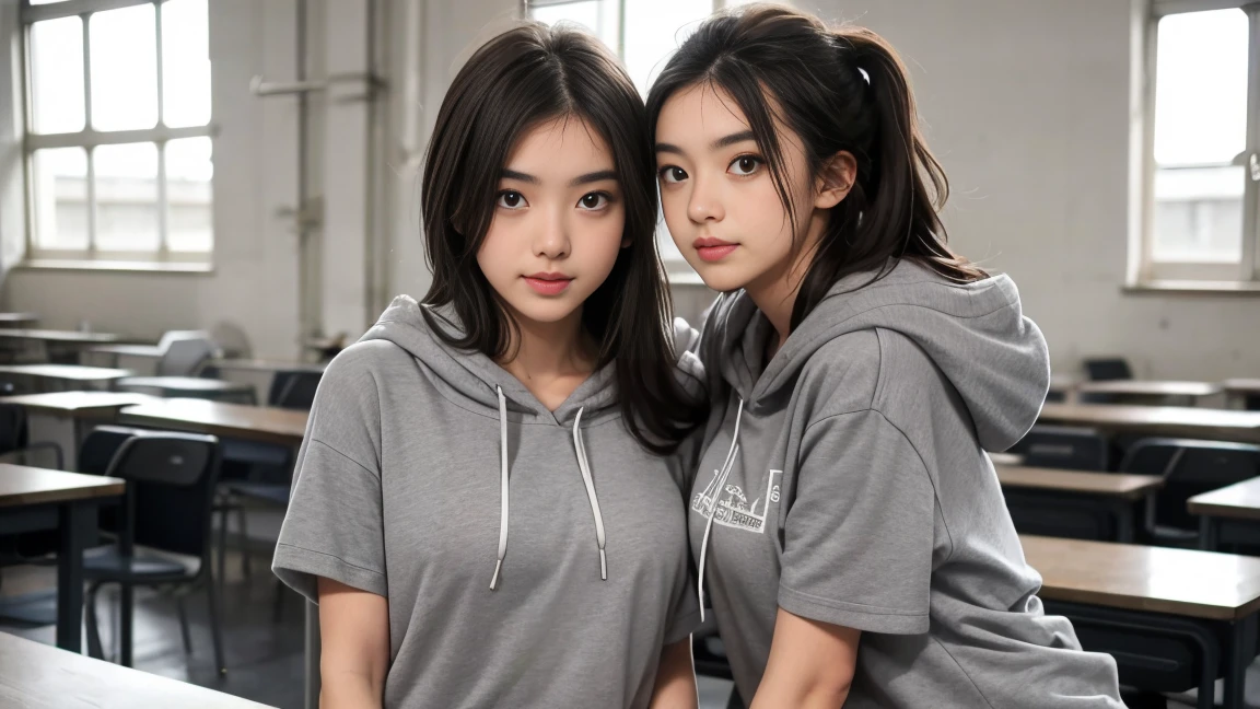deux femmes ensemble de 18 ans sexy et mince , gray short sleeve hoodie , salle de classe, se touche,position sey,sensuel
