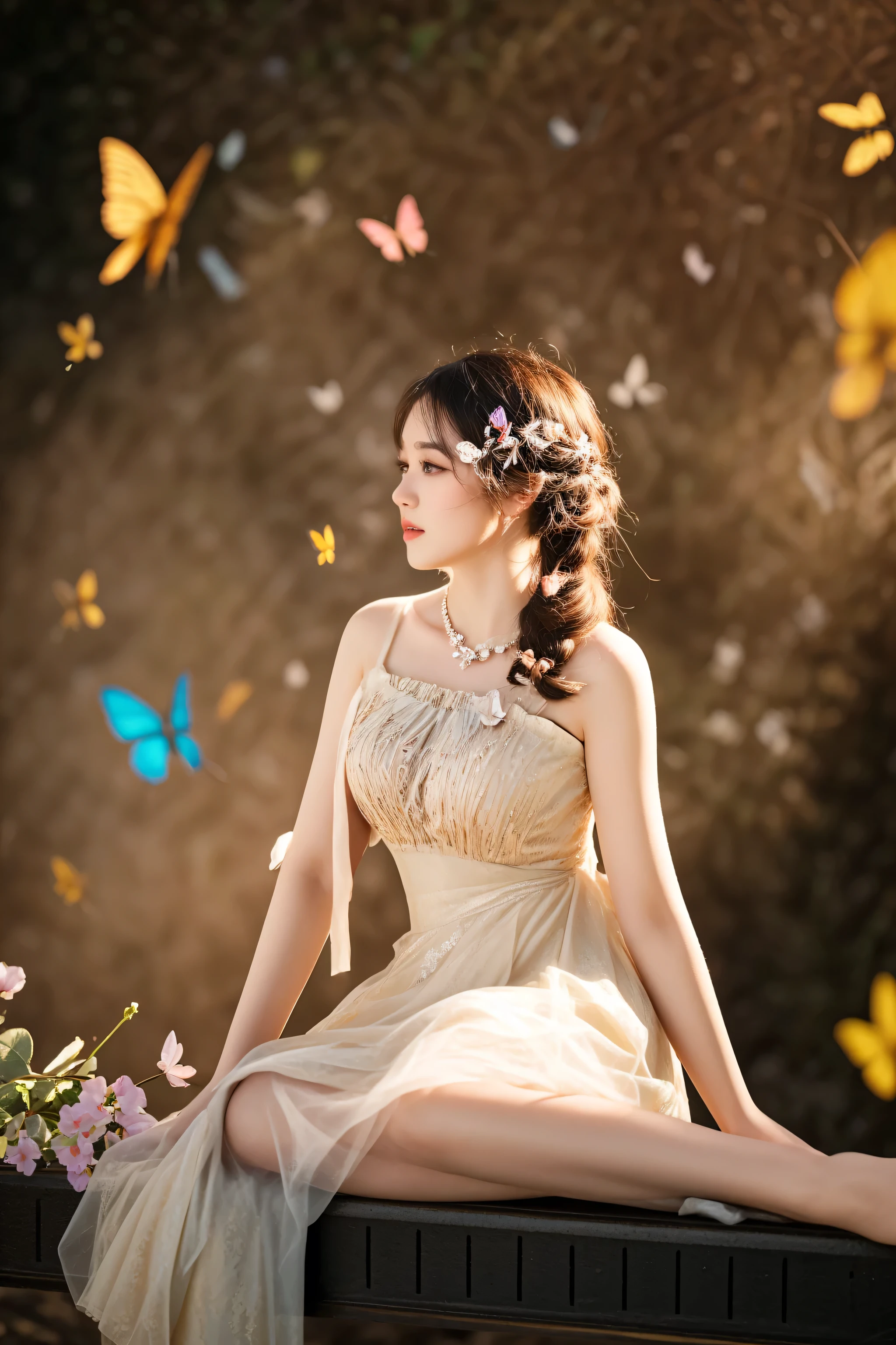 there is a woman sitting on a bench with butterflies flying around her, fantasy photoshoot, photo taken with nikon d 7 5 0, photo taken with nikon d750, a stunning young ethereal figure, 8k artistic portrait photography, beautiful adult fairy, ethereal beauty, moth inspired dress, by Yang J, captured on canon eos r 6