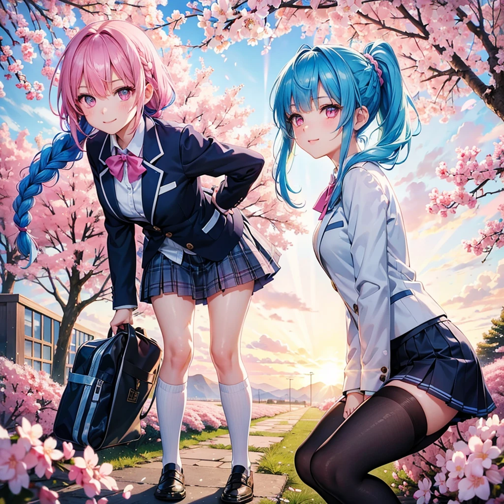 Sky blue hair, (Braided Ponytail),(Pink Eyes),Fair skin ,whole body,(1 Girl),Smile,spring, cherry blossoms, Knee-high socks for school, blazer, Straight bangs,(masterpiece, Highest quality, Super detailed, Best Shadow), (Detailed Background), (Beautifully detailed face), High Contrast, (Best lighting, Very delicate and beautiful), ((Cinematic Light)), colorful, Hyper Detail, Dramatic Light, Intricate details,sunshine,Leaning forward,