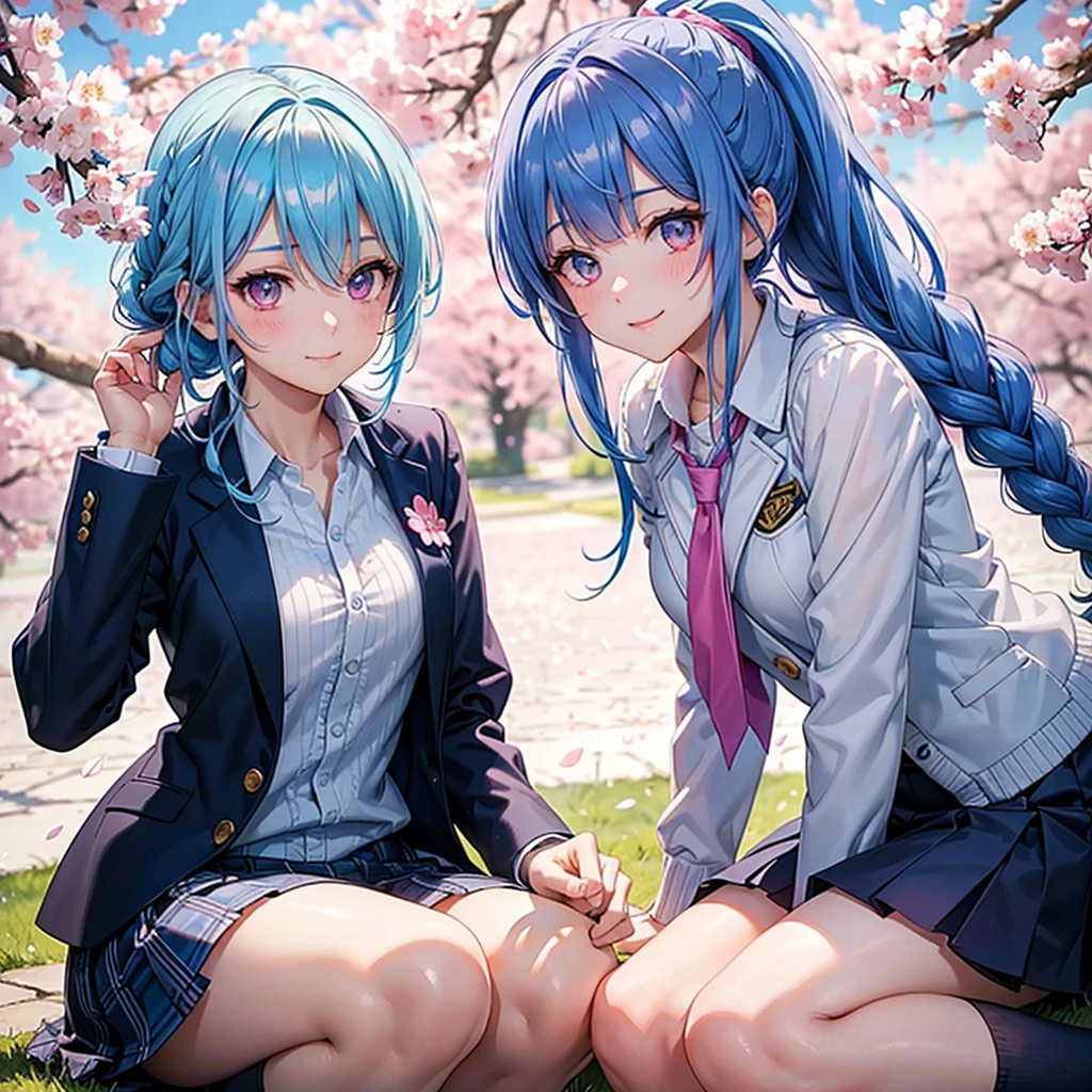 Sky blue hair, (Braided Ponytail),(Pink Eyes),Fair skin ,whole body,(1 Girl),Smile,spring, cherry blossoms, Knee-high socks for school, blazer, Straight bangs,(masterpiece, Highest quality, Super detailed, Best Shadow), (Detailed Background), (Beautifully detailed face), High Contrast, (Best lighting, Very delicate and beautiful), ((Cinematic Light)), colorful, Hyper Detail, Dramatic Light, Intricate details,sunshine,Leaning forward,