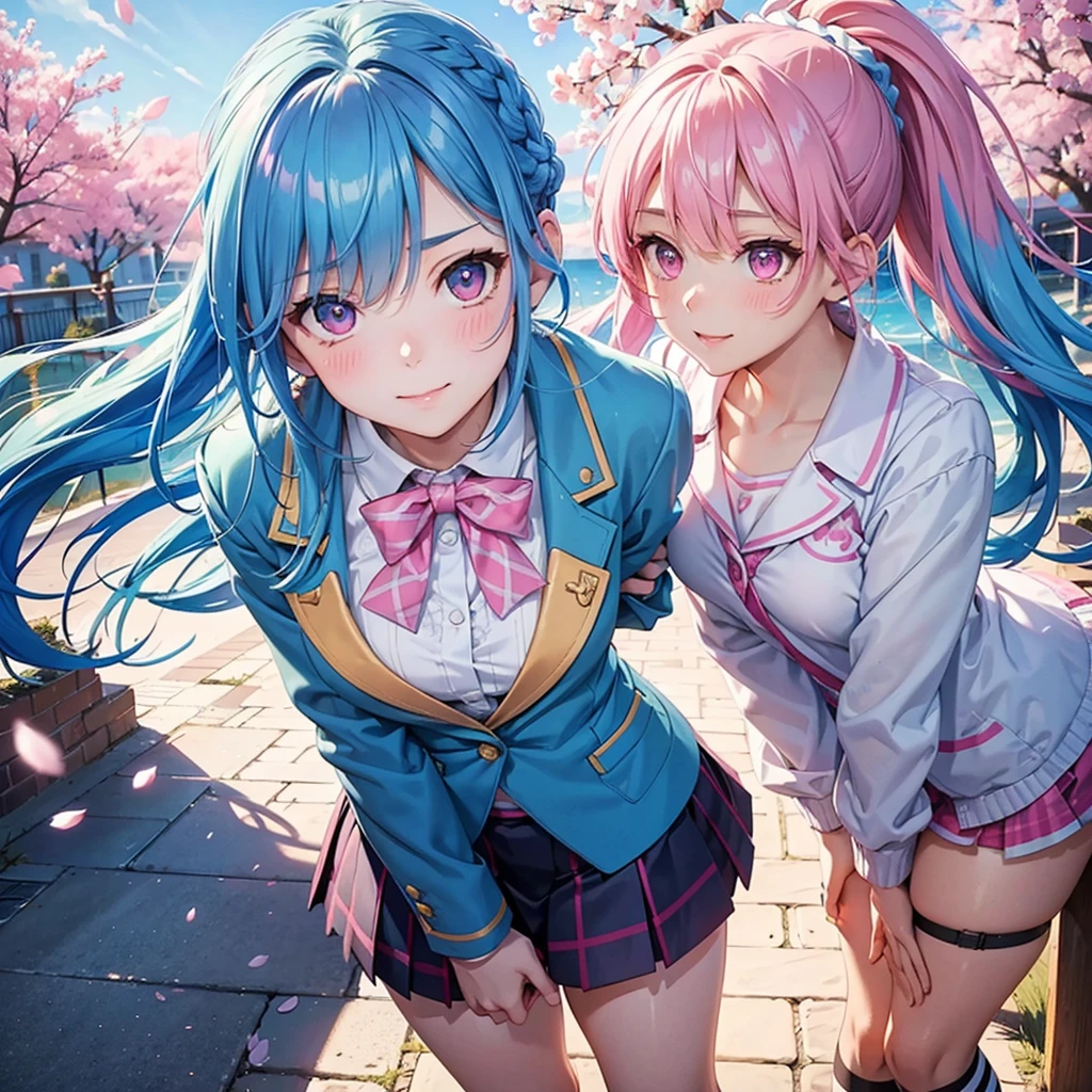 Sky blue hair, (Braided Ponytail),(Pink Eyes),Fair skin ,whole body,(1 Girl),Smile,spring, cherry blossoms, Knee-high socks for school, blazer, Straight bangs,(masterpiece, Highest quality, Super detailed, Best Shadow), (Detailed Background), (Beautifully detailed face), High Contrast, (Best lighting, Very delicate and beautiful), ((Cinematic Light)), colorful, Hyper Detail, Dramatic Light, Intricate details,sunshine,Leaning forward,