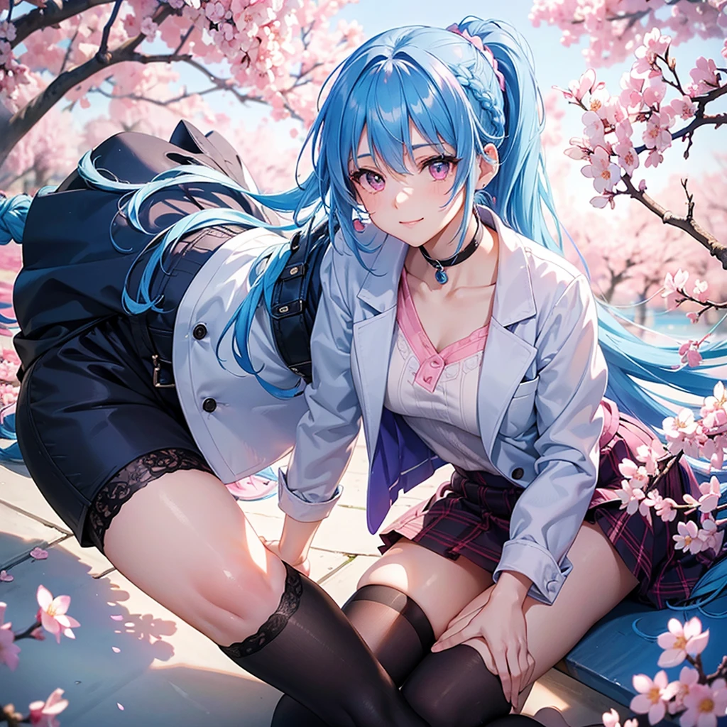 Sky blue hair, (Braided Ponytail),(Pink Eyes),Fair skin ,whole body,(1 Girl),Smile,spring, cherry blossoms, Knee-high socks for school, blazer, Straight bangs,(masterpiece, Highest quality, Super detailed, Best Shadow), (Detailed Background), (Beautifully detailed face), High Contrast, (Best lighting, Very delicate and beautiful), ((Cinematic Light)), colorful, Hyper Detail, Dramatic Light, Intricate details,sunshine,Leaning forward,