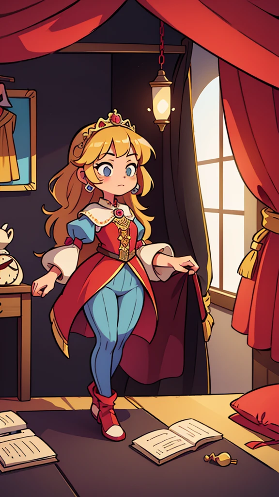 Create an image showing Princess Isabella in her lavish quarters, amidst her wardrobe.
