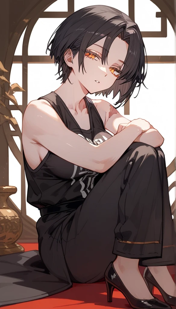 masterpiece, Score_9, Score_8_up, Score_7_up,1 woman, alone, black hair, very short hair, split bangs, gold and orange eyes, half-closed eyes, parted lips, expressionless, pale skin, large breasts, many scars, one scar on one eye, best quality, long open bangs, black sleeveless shirt, black V-neck, baggy pants, high heels, Long parted bangs, arms crossed.