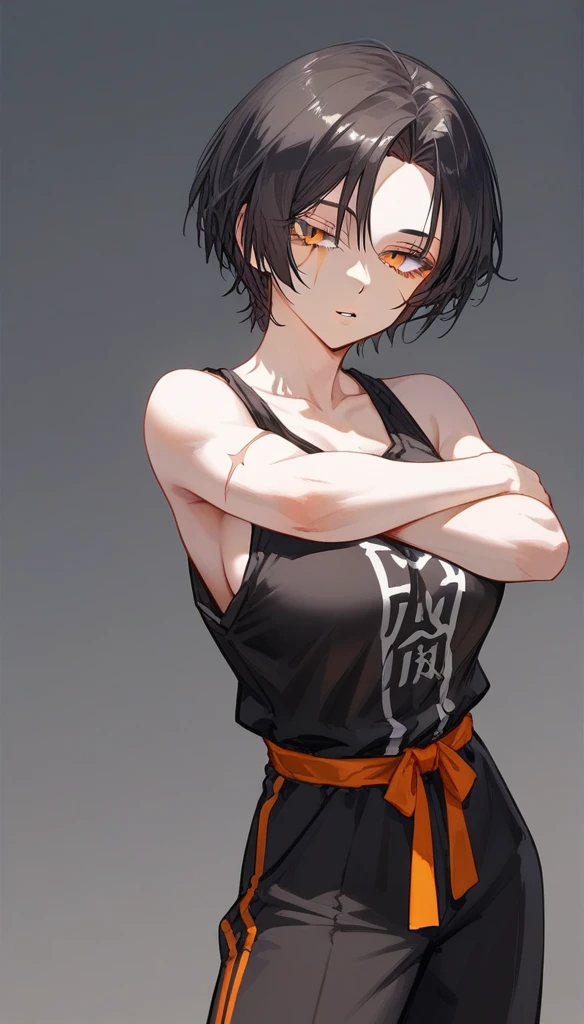 masterpiece, Score_9, Score_8_up, Score_7_up,1 woman, alone, black hair, very short hair, split bangs, gold and orange eyes, half-closed eyes, parted lips, expressionless, pale skin, large breasts, many scars, one scar on one eye, best quality, long open bangs, black sleeveless shirt, black V-neck, baggy pants, high heels, Long parted bangs, arms crossed.