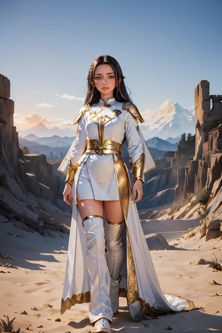 ((masterpiece, best quality, extremely detailed), volumetric lighting, ambient occlusion, colorful, glowing), 1girl, solo, young girl, (dark hair), long hair, halo, aura, sacred, goddess, cleric suit, (white outfit with gold detailst:1.3), armor, outdoors, sunset, sky, clouds, space, (fantasy theme:1.2), full body armor