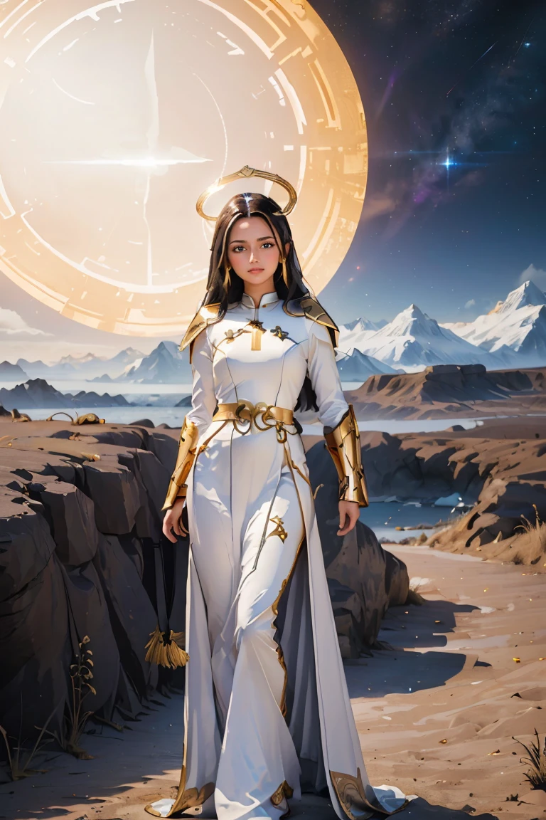 ((masterpiece, best quality, extremely detailed), volumetric lighting, ambient occlusion, colorful, glowing), 1girl, solo, young girl, (dark hair), long hair, halo, aura, sacred, goddess, cleric suit, (white outfit with gold detailst:1.3), armor, outdoors, sunset, sky, clouds, space, (fantasy theme:1.2), full body armor