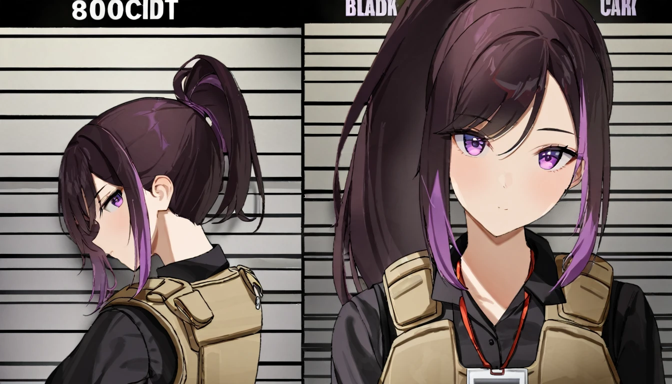 One girl, Dark hair with purple strands, Ponytail, purple eyes, black outfit,wearing bulletproof vest,background white, mugshot,id,id card, looking at camera,standing upright,no weird pose,no tilted head,no tilt, head rotate straight at camera, masterclass,refined,masterpiece,8k,sharp,clean.