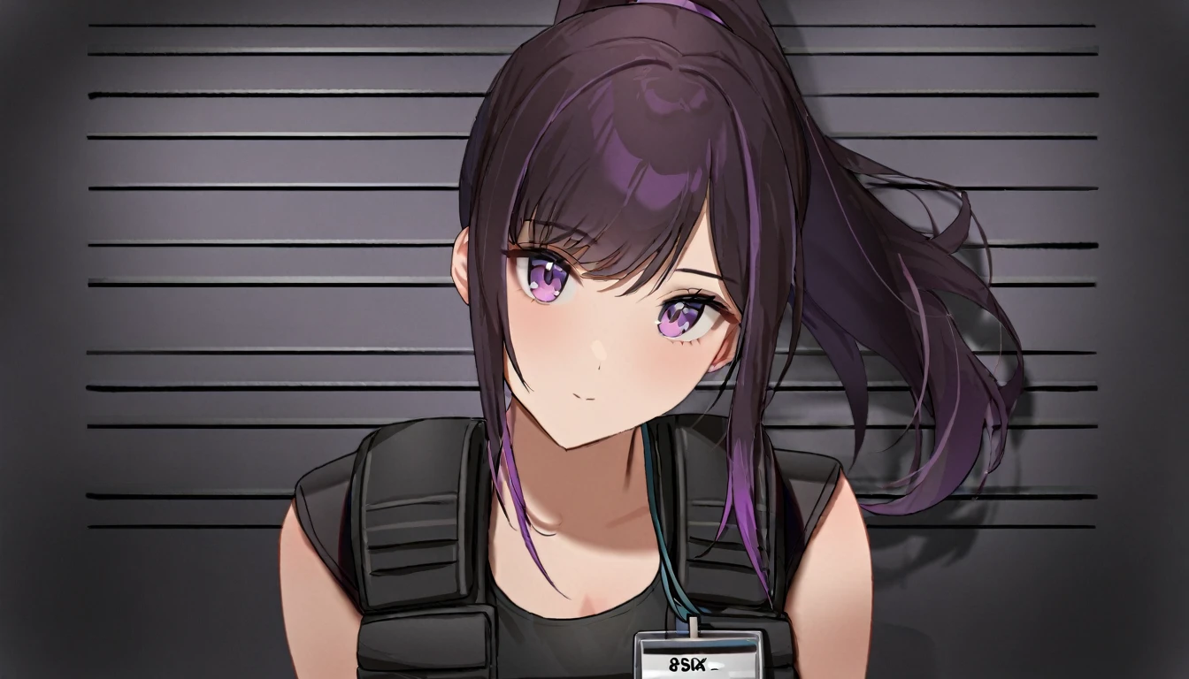 One girl, Dark hair with purple strands, Ponytail, purple eyes, black outfit,wearing bulletproof vest,background white, mugshot,id,id card, looking at camera,standing upright,no weird pose,no tilted head,no tilt, head rotate straight at camera, masterclass,refined,masterpiece,8k,sharp,clean.