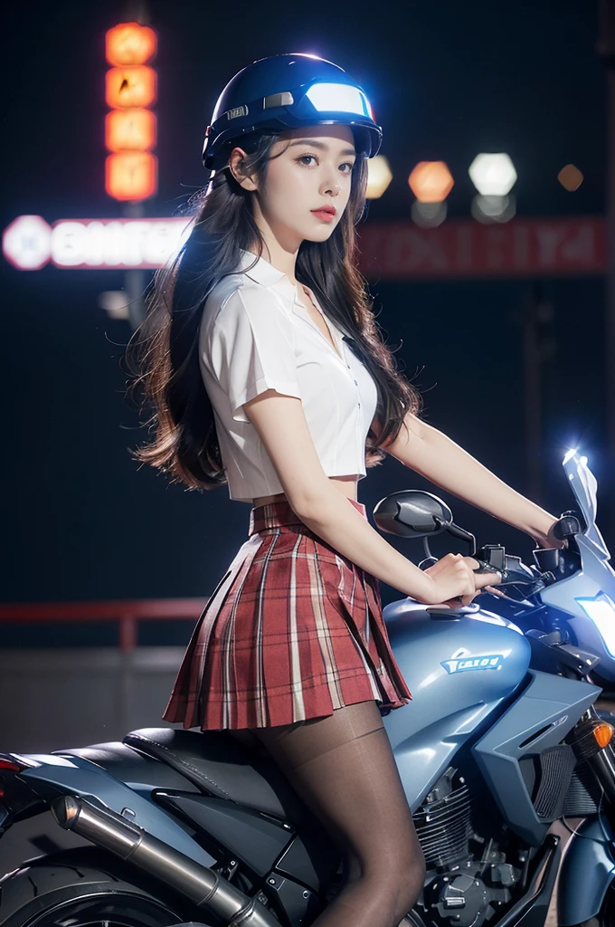 (((best quality))),(((ultra detailed))),(((masterpiece))),illustration,((1 beautiful girl,solo)),((slim,thin,small breasts,flat chest)),shoulder length straight hair,almond-shaped eyes, intense gaze, fair skin, subtle blush, full pink lips, confident smile,(white collared short sleeved shirt:1.3),Windsor knot on neck,((red plaid pleated skirt,slender legs,pantyhose)),deep blue hue, silver accents, form-fitting, low neckline, smooth skin,booties, urban scene, cyberpunk city, neon lights, tall buildings, LED signs, misty glow, dreamy ambiance, night sky, twinkling stars, electric atmosphere,(riding on a motorcycle:1.3), (safety helmet:1.3), vibrant atmosphere