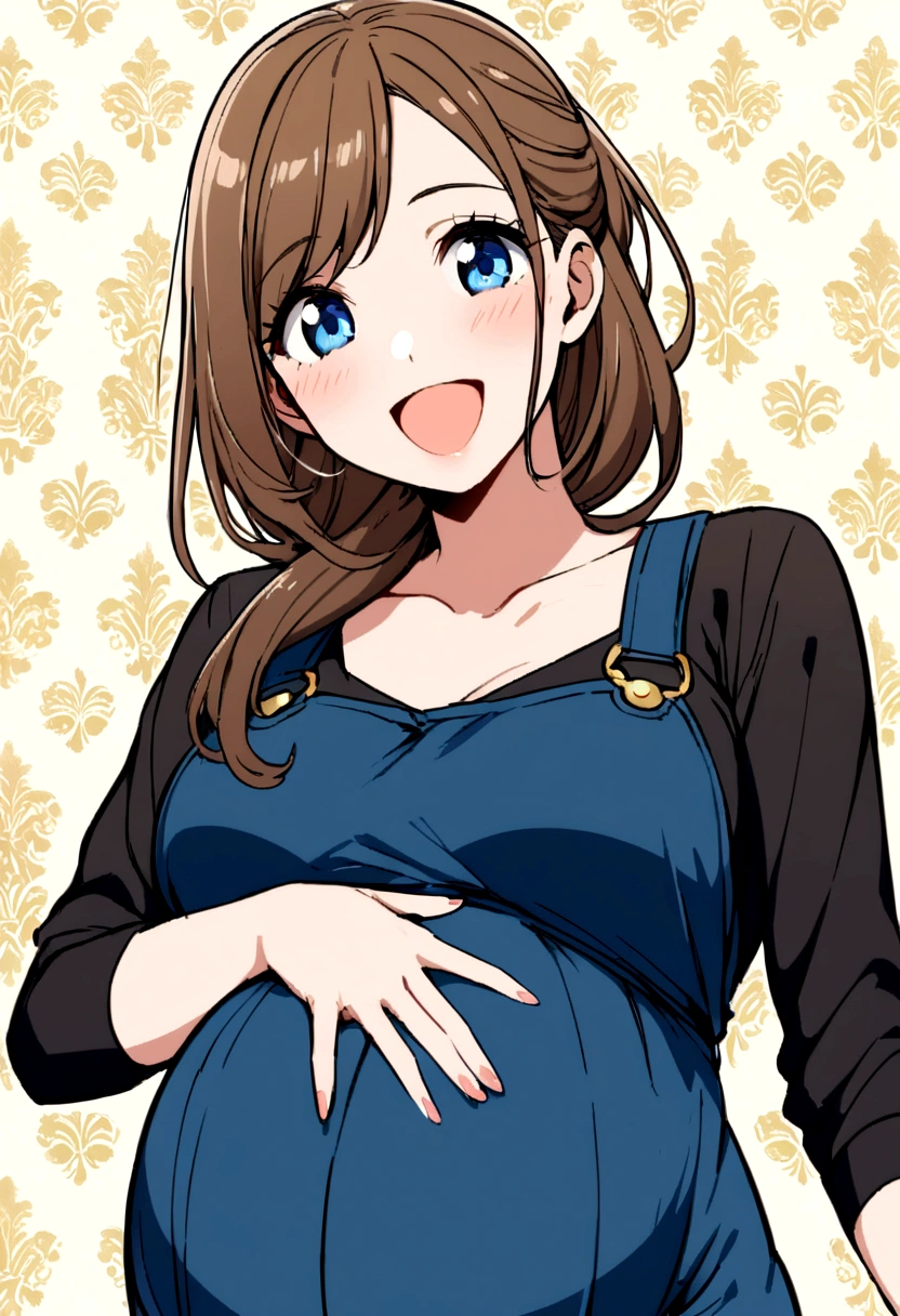 pregnant beautiful mom with brown ponytail hair, blue eyes, black shirt, blue pants, happy, sitting,