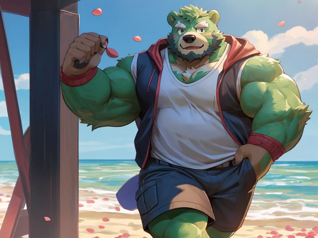 bara, furry, furry_male,male focus, solo, muscular male, (((green bear))), (((green fur))), green hair, red eyes, beard, white eyebrows, white shirt, gym, selfie, work out, before the mirror,(masterpiece:1.2), best quality,pixiv,official art,(Ray tracing, light), (flower petal in the sky :1.3), (1_male:1.3), (solo:1.2) , portrait , (muscle), (muscle bear), (bear tail), (beard:1.2), (gleaming eyes), Thick eyebrows, open hoodie, naked inside, cargo shorts , Salar de Uyuni ,reflection, looking at viewer, full body ,beach , sea , sunny