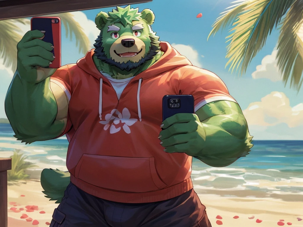 bara, furry, furry_male,male focus, solo, muscular male, (((green bear))), (((green fur))), green hair, red eyes, beard, white eyebrows, white shirt, gym, selfie, work out, before the mirror,(masterpiece:1.2), best quality,pixiv,official art,(Ray tracing, light), (flower petal in the sky :1.3), (1_male:1.3), (solo:1.2) , portrait , (muscle), (muscle bear), (bear tail), (beard:1.2), (gleaming eyes), Thick eyebrows, open hoodie, naked inside, cargo shorts , Salar de Uyuni ,reflection, looking at viewer, full body ,beach , sea , sunny