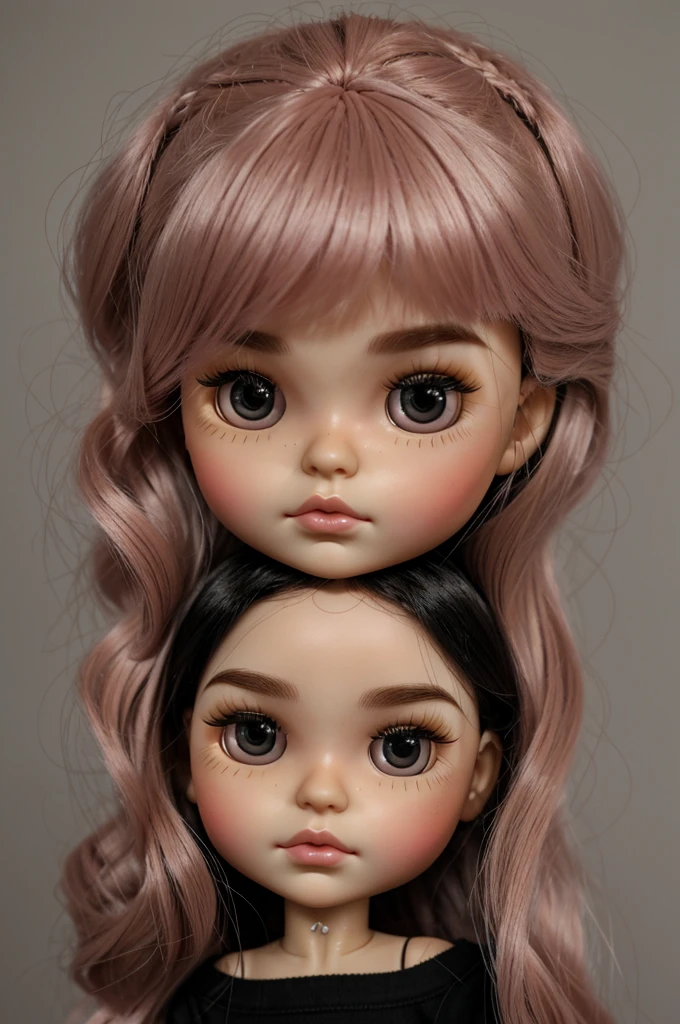 Blythe doll. Hair until your shoulders, hair color black, bushy eyebrow, thin lips, skin color medium, long lashes, nose medium, a lot of blush on cheeks