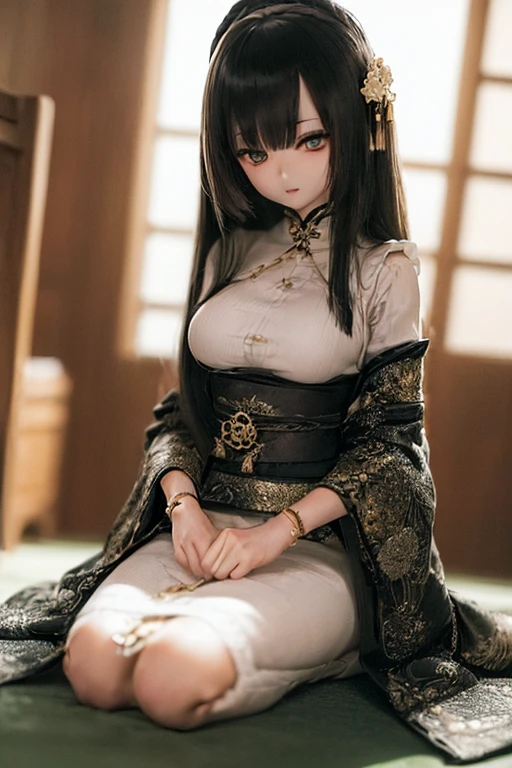 photorealistic, realistic photo, ((highest quality)), ((masterpiece)), ((extremely detailed)), kukolnydom, doll, (mature woman:2), solo, ((from front, seiza, skinny, slender, slim, black kimono, obi, obidome, hair ornament)), green eyes, parted lips, (black hair, long hair, looking at another, almond eyes, blank eyes, empty eyes, detailed eyes, detailed clothes:1.3), Japanese room, 8k
