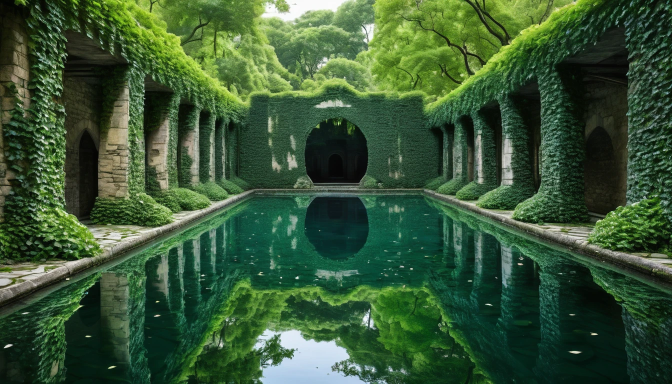 The Moat of Memory's Mirror is a vast, still expanse surrounded by ancient, ivy-covered stones, reflecting the past in its crystalline waters, untouched by the ravages of time.