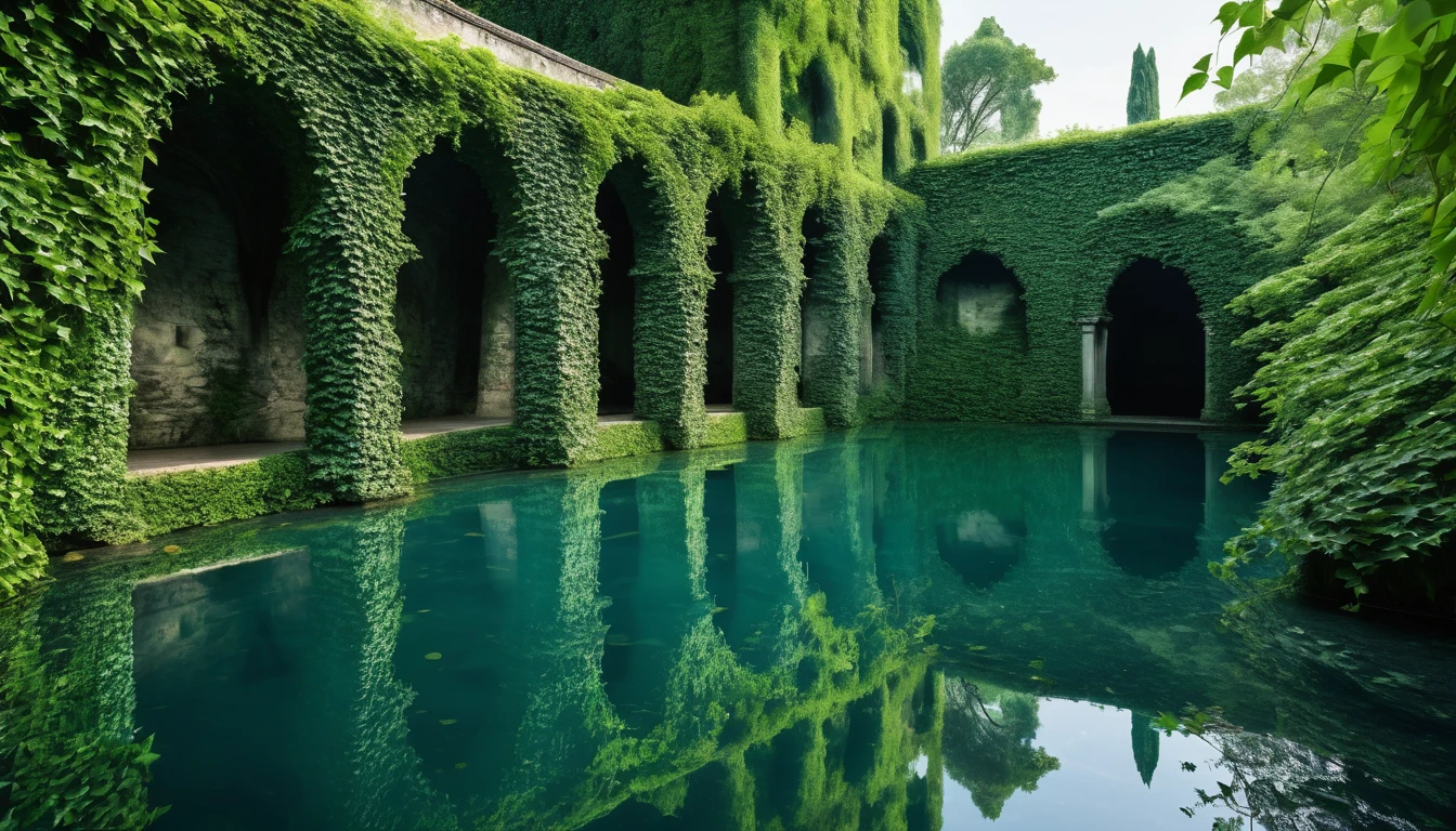 The Moat of Memory's Mirror is a vast, still expanse surrounded by ancient, ivy-covered stones, reflecting the past in its crystalline waters, untouched by the ravages of time.