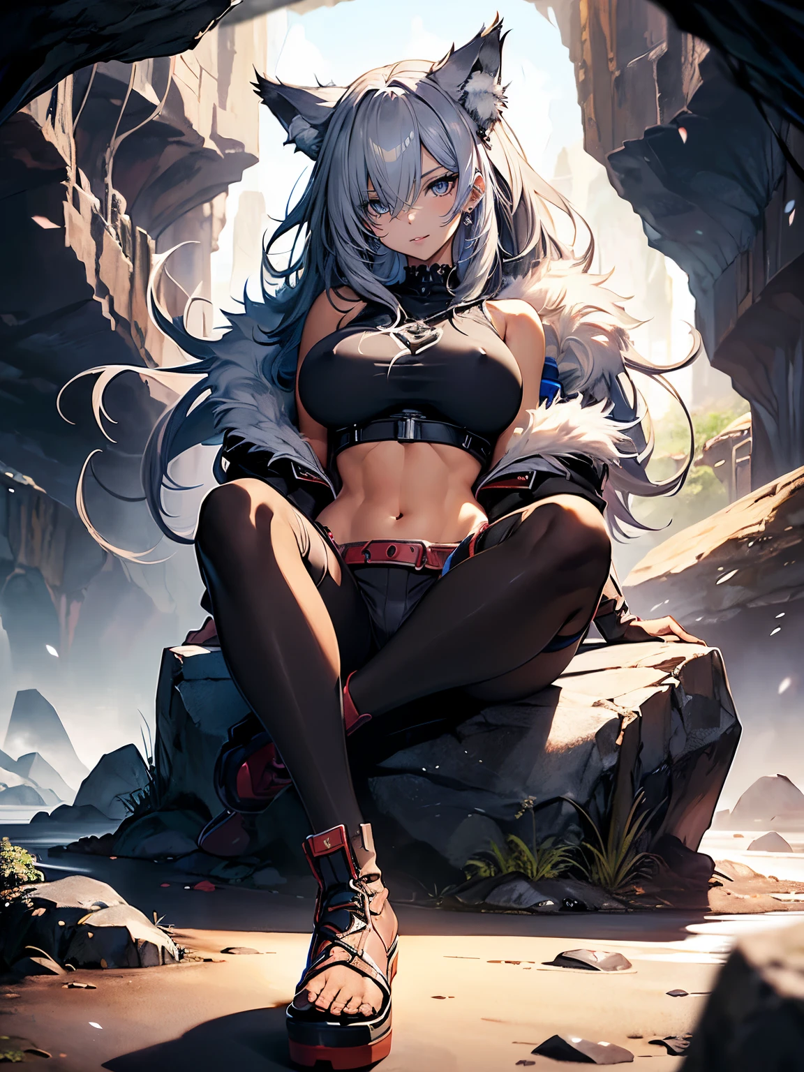 ((Seductive Anime lady:1.3, solo:1.5))、((fusion of wolf and lady:1.4))、((open legs sitting, on the big rock))、((gray color, fur and lather clothes))、((fur boots))、((looking down at viewer))、((from below))、((wild:1.3))、((Being in cave:1.3)), ((fullmoon night))、((slant eyes))、erect nipples、((underboob:1.3))、((open clothes:1.2))、((torn and ripped clothes:1.2))、((crop top navel:1.2))、(huge breasts:1.2))、((cleavage))、((highleg))、((sleeveless:1.2))、abdominal muscle、Glossy realistic skin texture、shiny skin、masterpiece, ultra-detailliert, 8k, hiquality, Top image quality, Smooth texture、watercolor