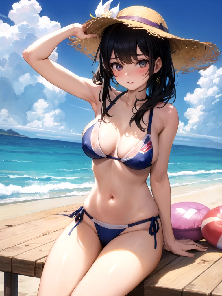 One girl, alone, Highest quality, masterpiece, Beach, Swimwear, Nipple slip, Protruding pubic hair